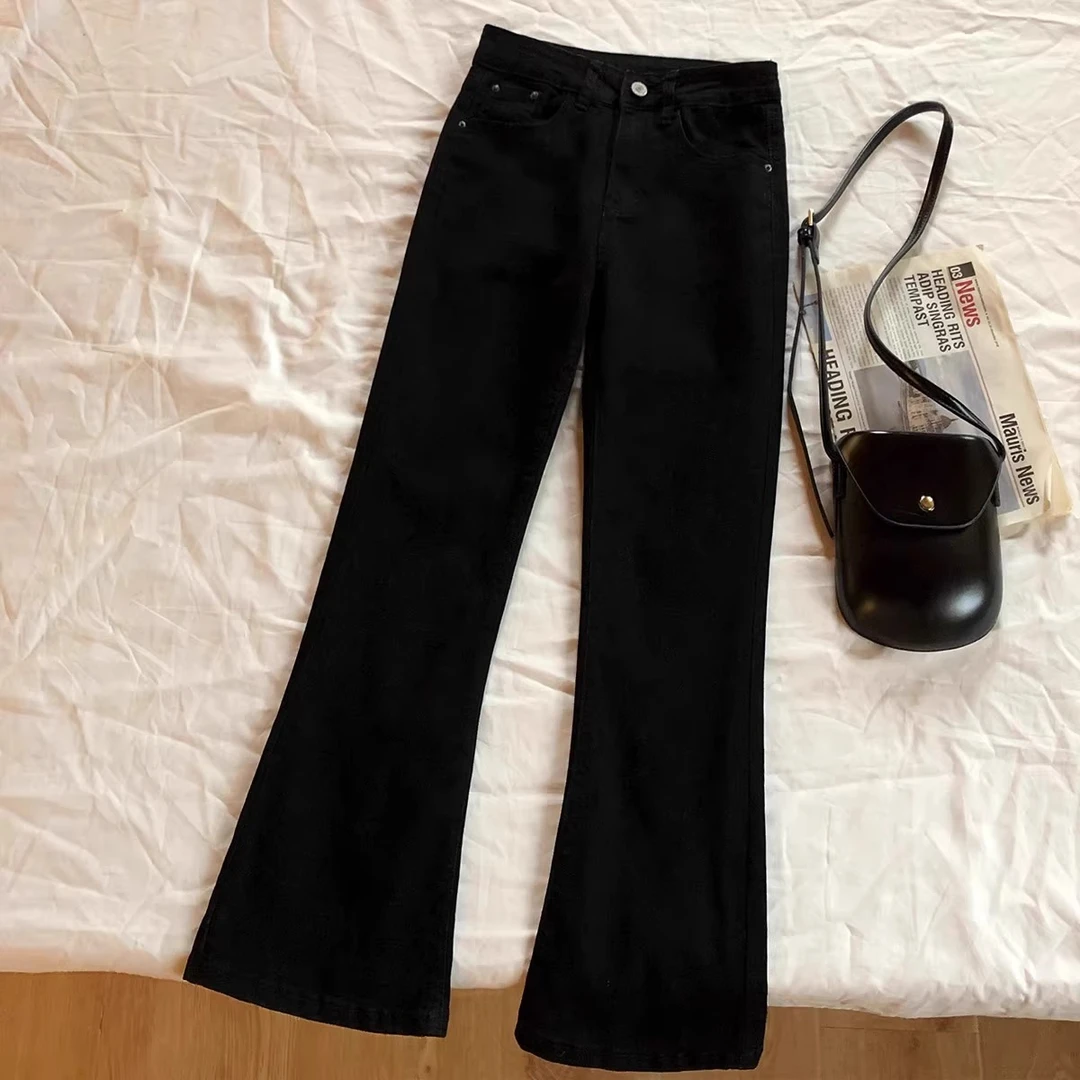 梨型身材黑色微喇牛仔裤女秋冬季加绒大码胖mm高腰显瘦弹力喇叭裤