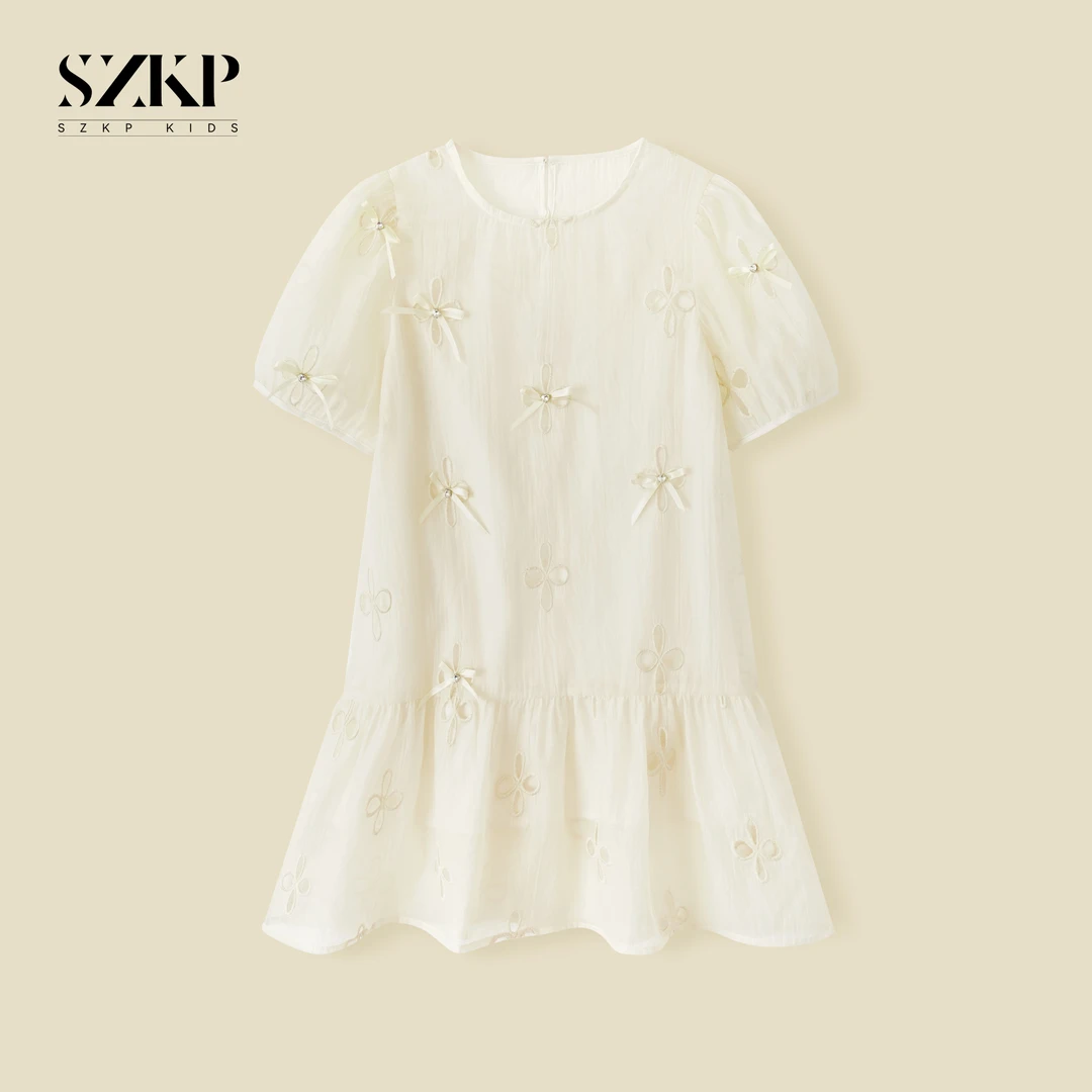 SZKP女童夏装薄款T裙中大童时尚连衣裙儿童泡泡袖长裙YNYX442287