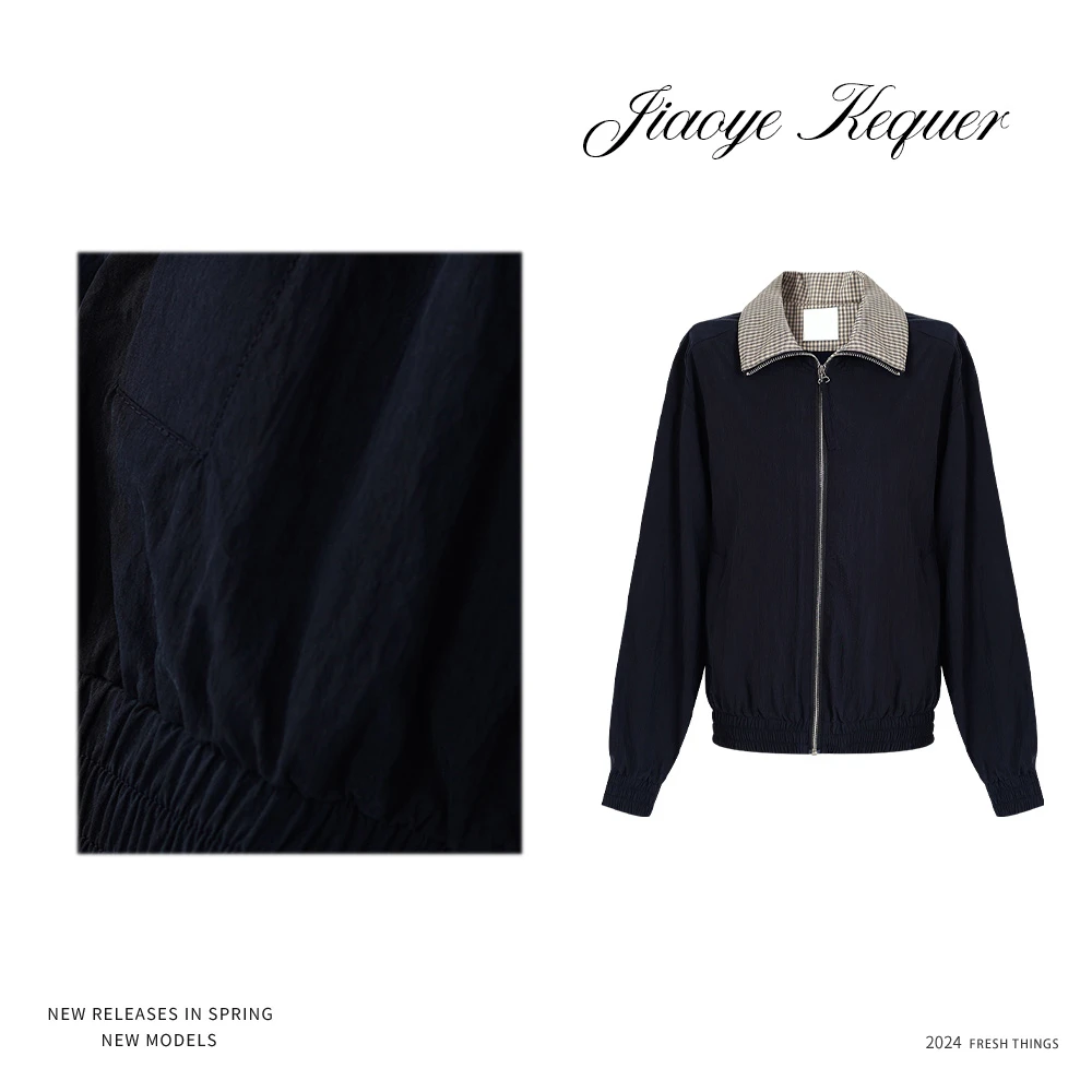 新款休闲上衣女外套小众时尚设计翻领格纹夹克 ZF059
