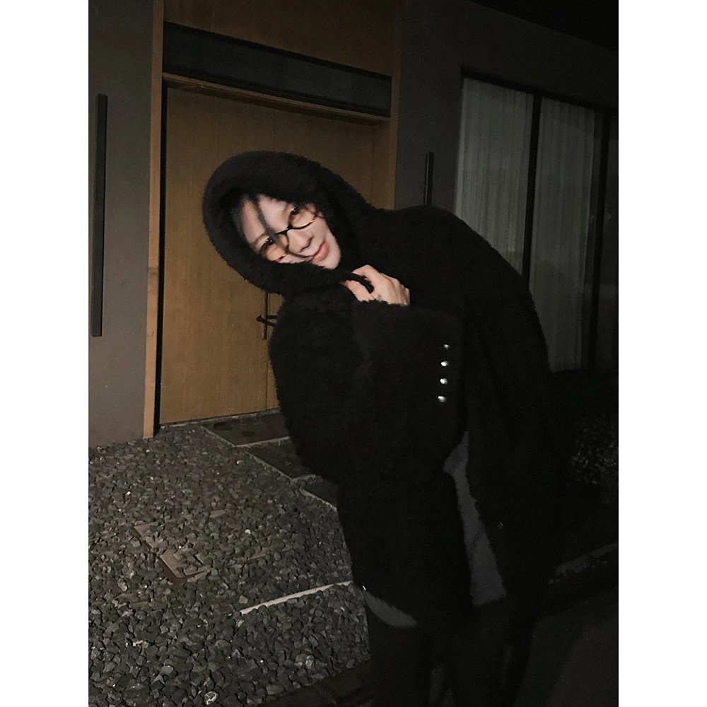 【雾黑森林】黑色连帽羊毛一体颗粒绒H型一手长外套ZA928