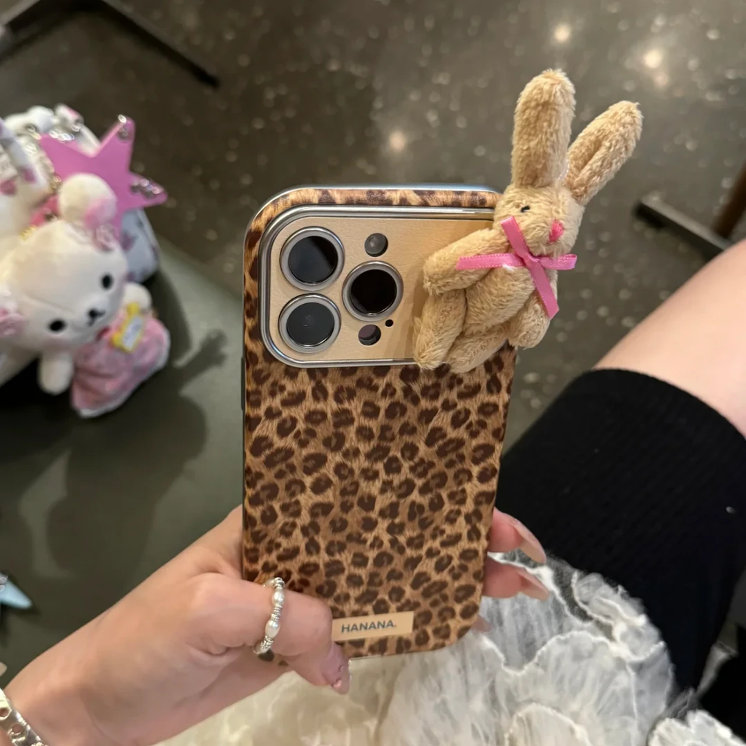 秋冬豹纹立体趴趴棕兔适用iPhone16promax大视窗15pro手机壳14/13