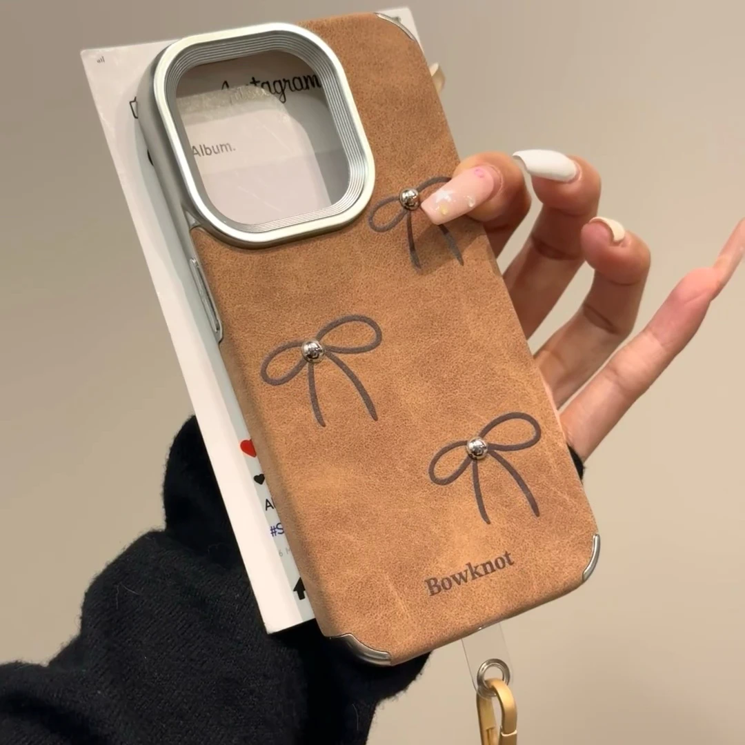 简约ins棕底蝴蝶结花朵适用iPhone16promax苹果15pro手机壳14新款
