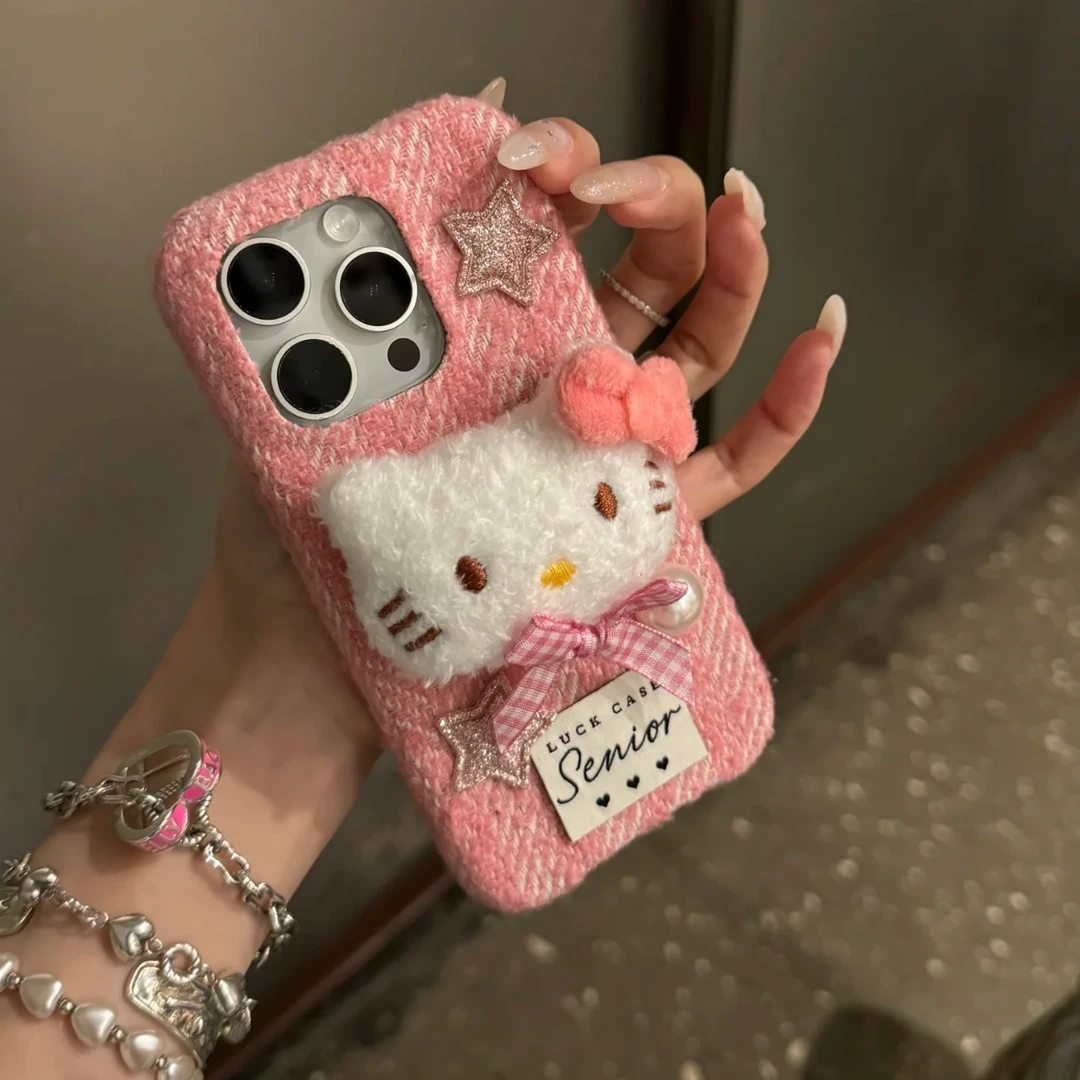 粉星星绒布蝴蝶结kitty猫适用苹果16promax少女15pro秋冬13手机壳