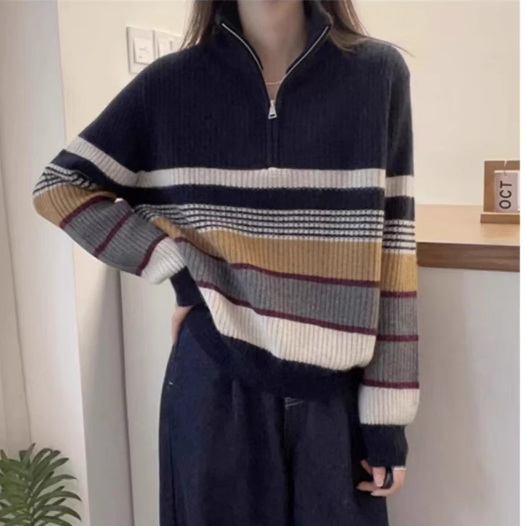【芊荨精选】秋冬新款慵懒风时尚洋气半拉链拼色套头针织衫S132#