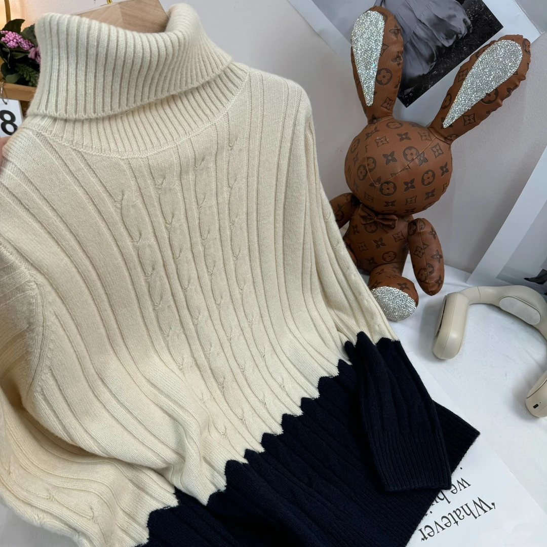 【芊荨精选】2024秋冬百搭时尚麻花高翻领拼色减龄针织衫S381#