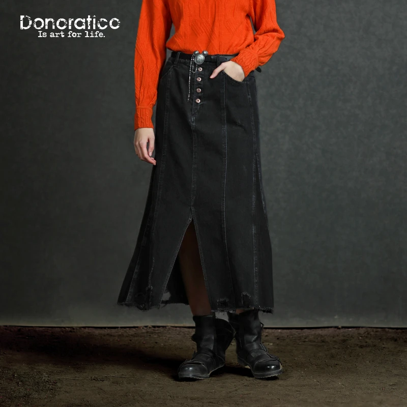 达衣岩文艺怀旧复古2023年冬季新品棉质游牧感水洗磨烂A摆半裙女