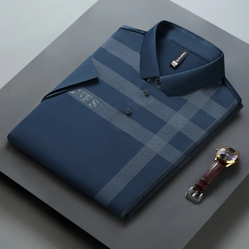 8076短袖男士无痕压胶翻领商务宽松薄款凉爽中年大码男装半袖上衣