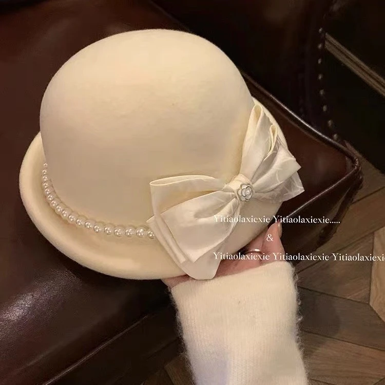 国风竹叶暗绣蝴蝶结贝雷帽子女澳洲羊毛礼帽小香风山茶花珠链毡帽