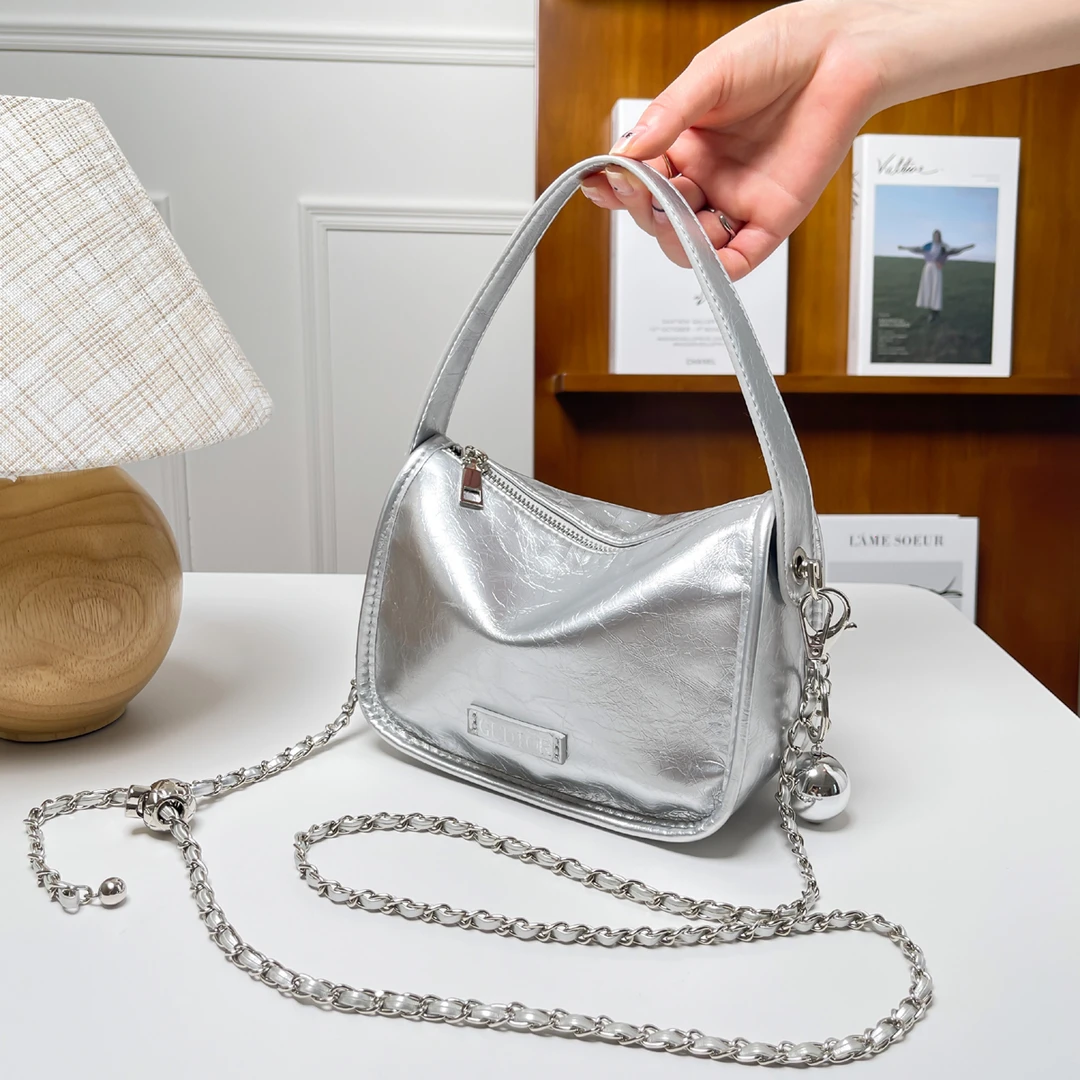 2025夏季新款时尚百搭单肩链条小包包韩版女士银色腋下包包女款