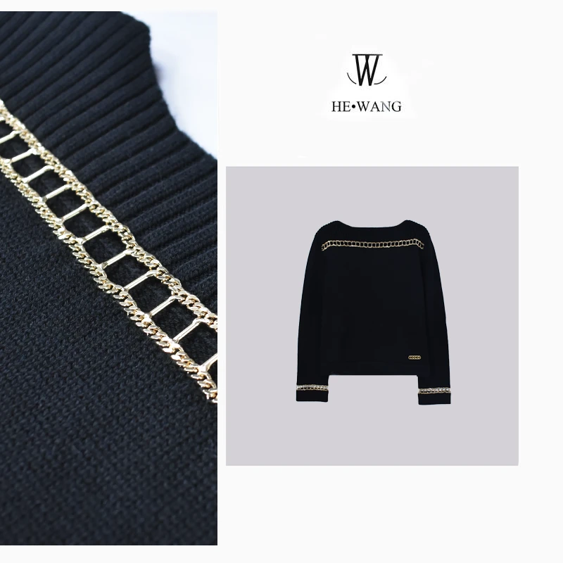 HW 时尚经典百搭女士重工黑金链条徽标针织衫-2176