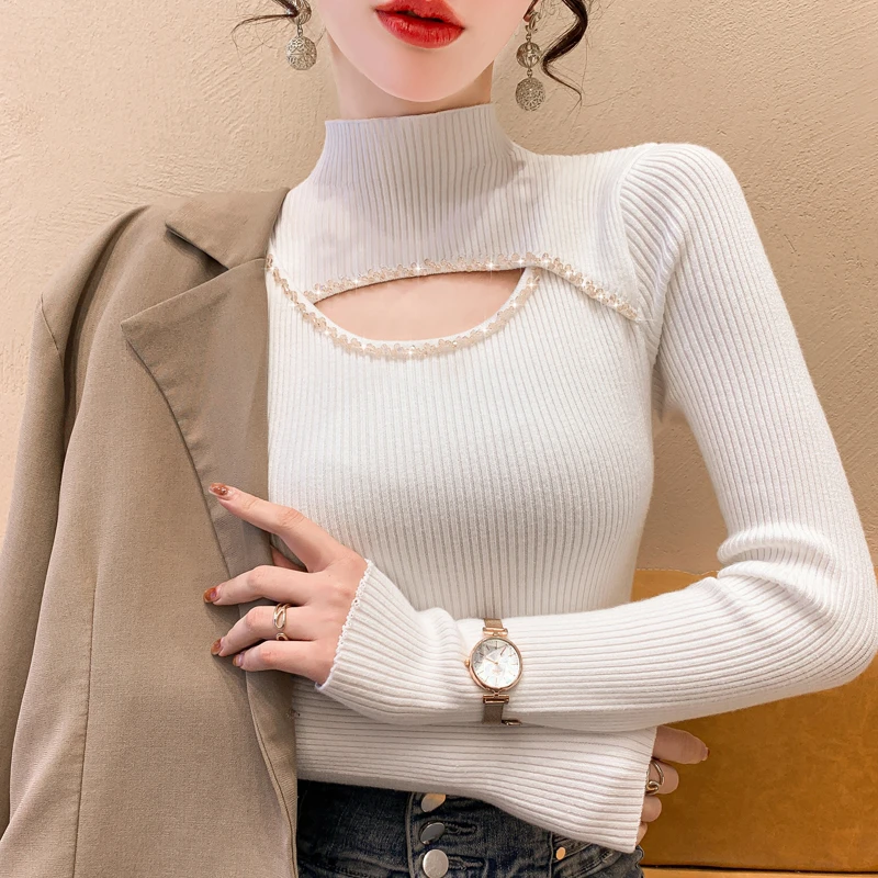 钉珠镂空针织打底衫半高领修身毛衣女2023年新款秋冬洋气性感加厚