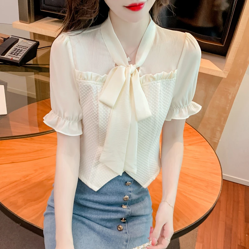 2023夏季设计感小众蝴蝶结上衣女短袖洋气减龄小个子短款雪纺衬衫