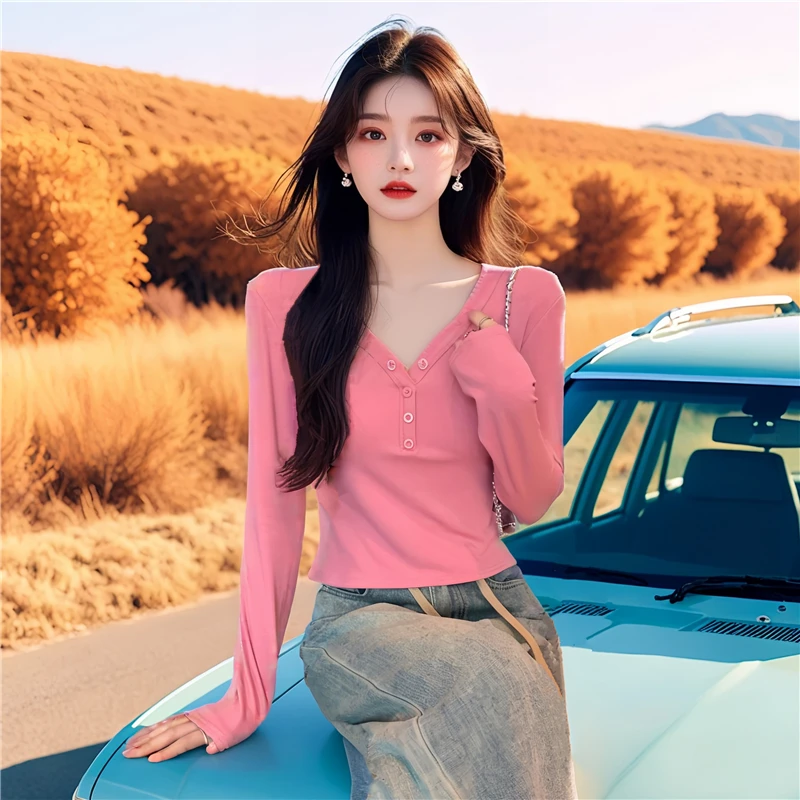 洋气V领长袖T恤女秋季新款纯欲甜辣妹修身显瘦短款内搭打底衫上衣