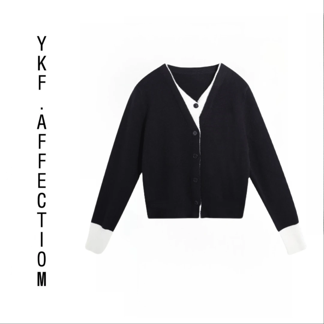 假两件长袖V领蕾丝拼接针织套头针织衫11629