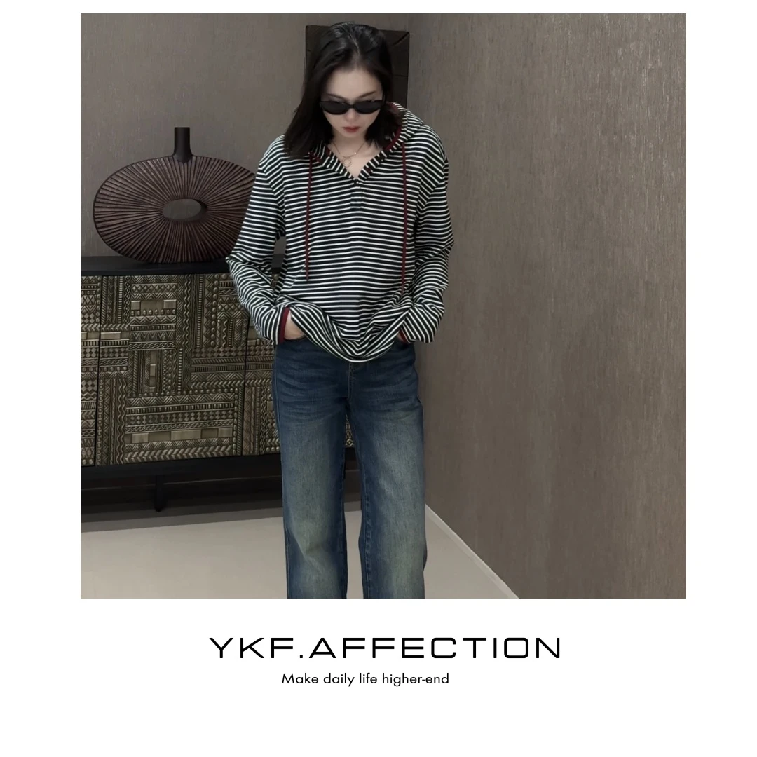 撞色显瘦百搭宽松连帽条纹长袖T恤92404