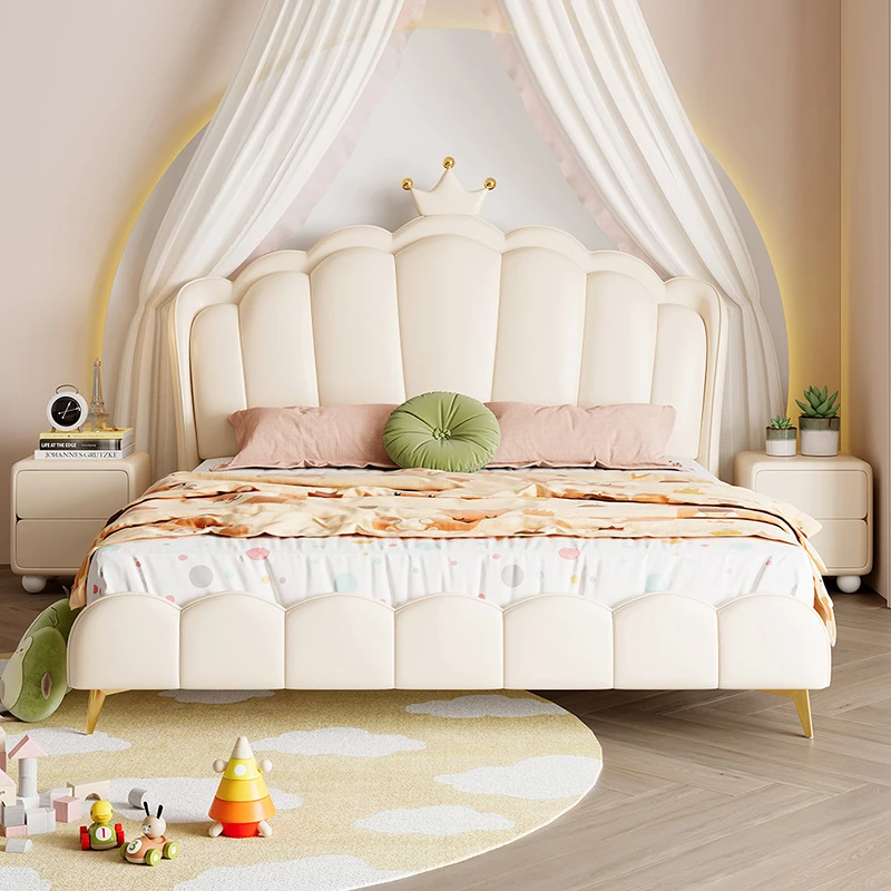 妙王头层牛皮儿童床奶油风皇冠公主床儿童房女孩女生床