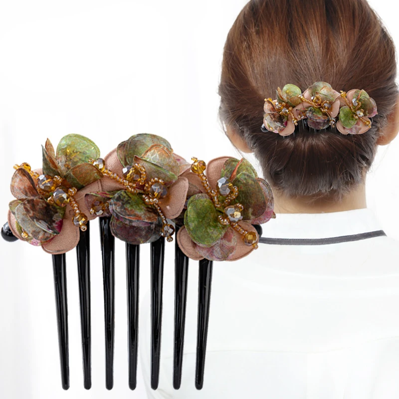 布艺发饰 韩国头饰七齿插梳花朵盘发器丸子头发梳大号发夹发饰