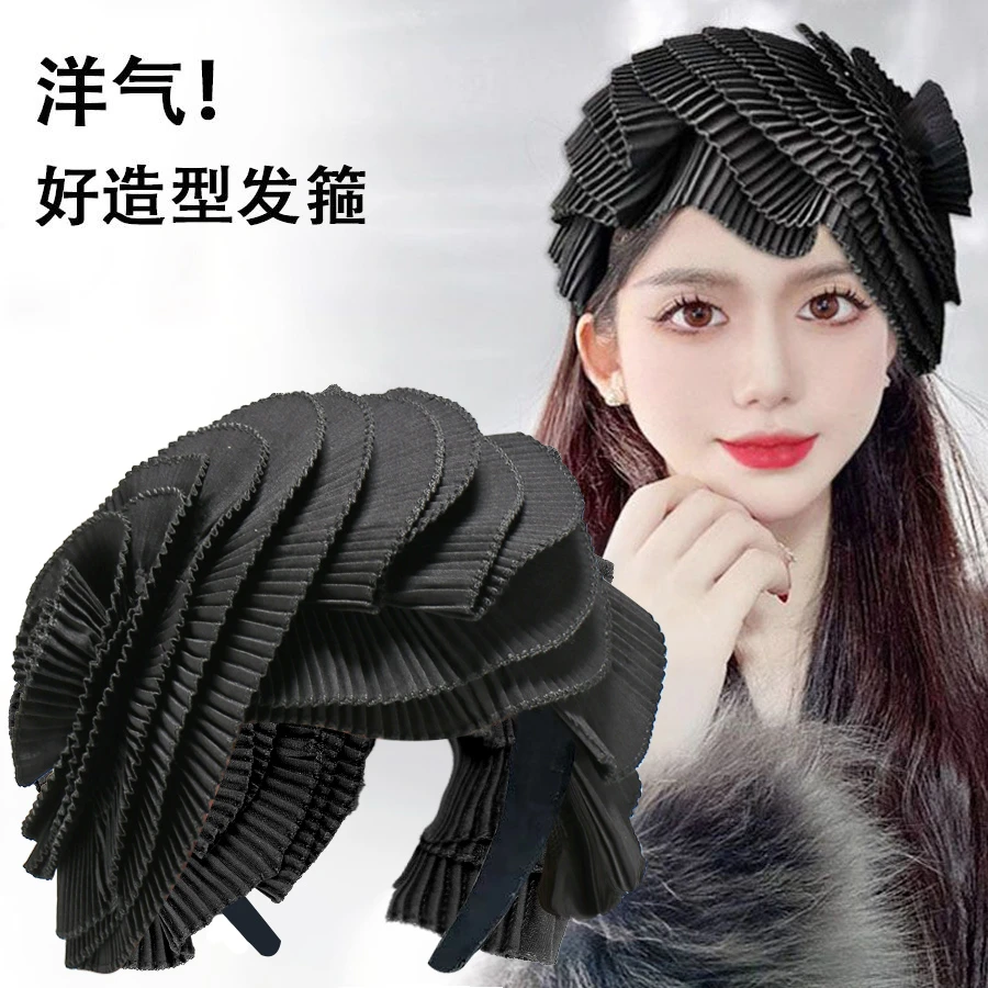 新款褶皱大花朵发箍女遮白发洋气半帽时尚布艺头箍高颅顶外出发卡