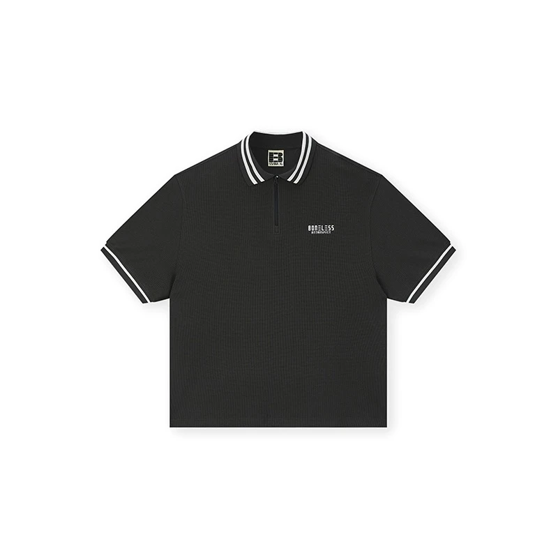 BONELESS基础华夫格短袖Polo衫翻领刺绣logoT恤宽松夏季拉链半袖