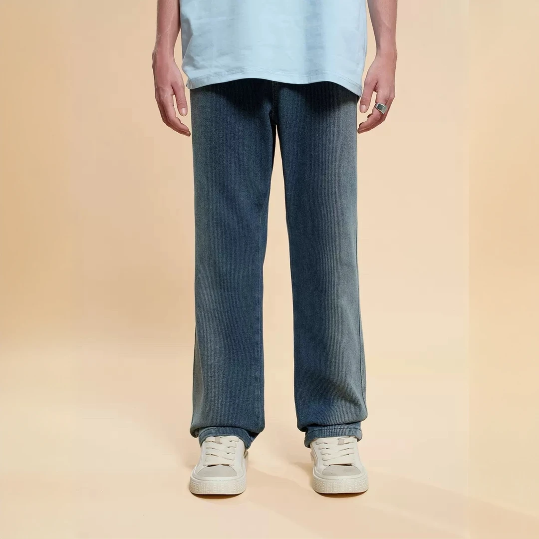 【无语不方】竖条纹渐变洗水牛仔裤撞钉宽松直筒裤简约潮牌休闲裤