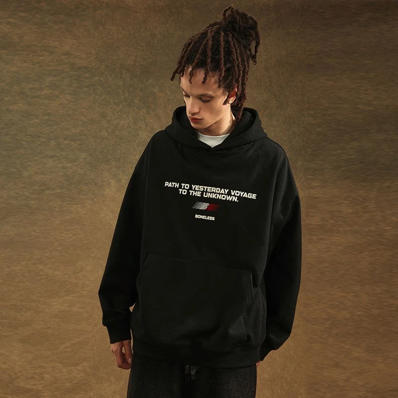 BONELESS字母标语印花连帽卫衣秋季美式高街潮牌帽衫男女宽松外套