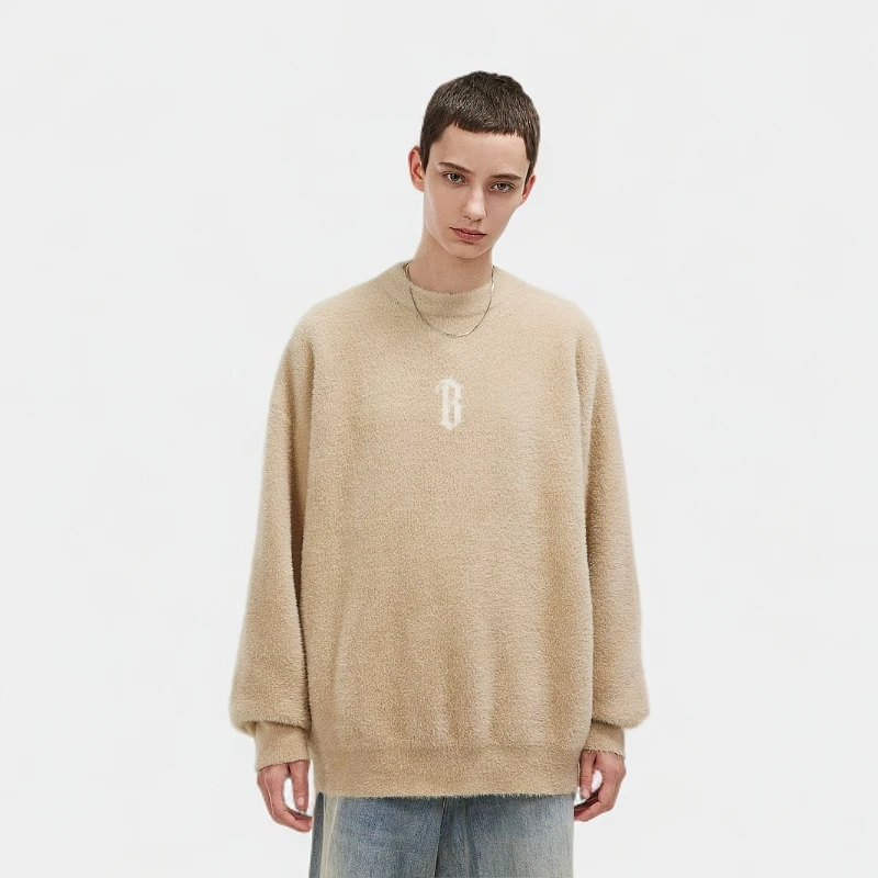 BONELESS哥特字母提花圆领毛衣美式高街针织打底衫