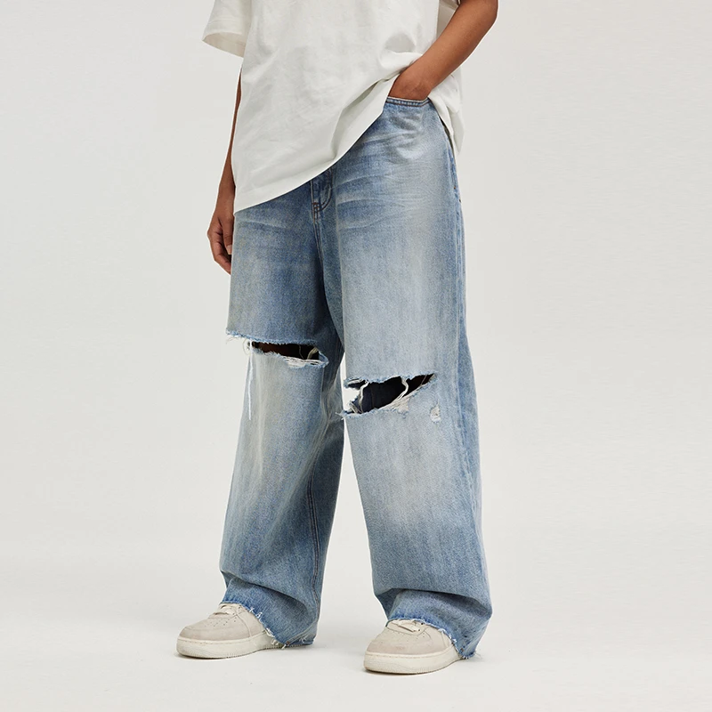 BONELESS美式复古宽松破洞阔腿牛仔裤男潮牌休闲直筒裤春秋款