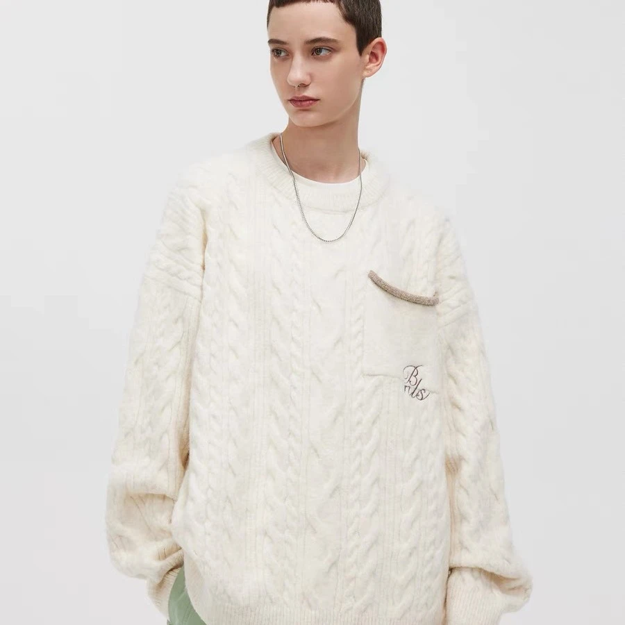 BONELESS麻花刺绣logo口袋毛衣美式高街圆领针织衫休闲