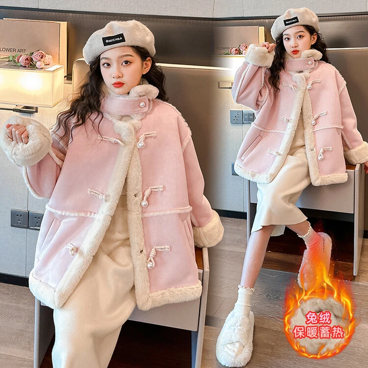 女童加绒外套秋冬2023新款儿童皮毛一体时髦上衣女孩加厚风衣洋气