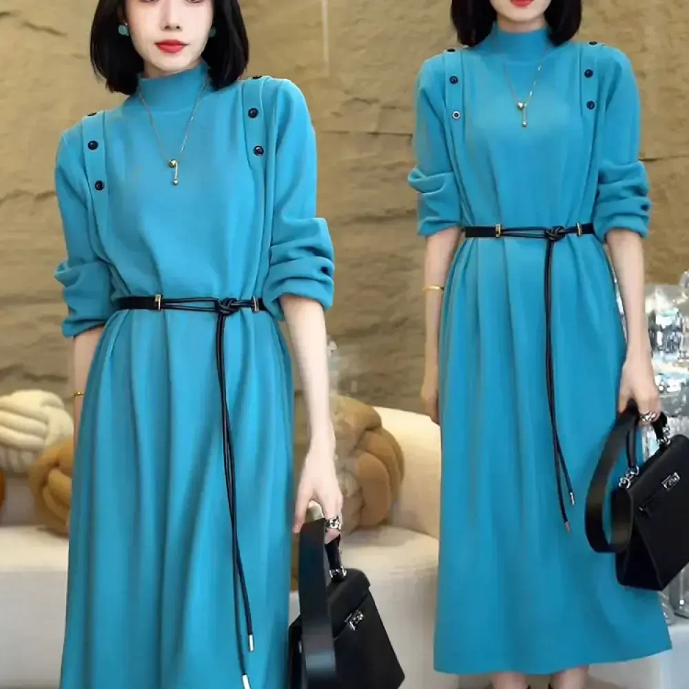 时尚冬季新款针织连衣裙宽松设计感女2025洋气显瘦中长款毛衣裙子