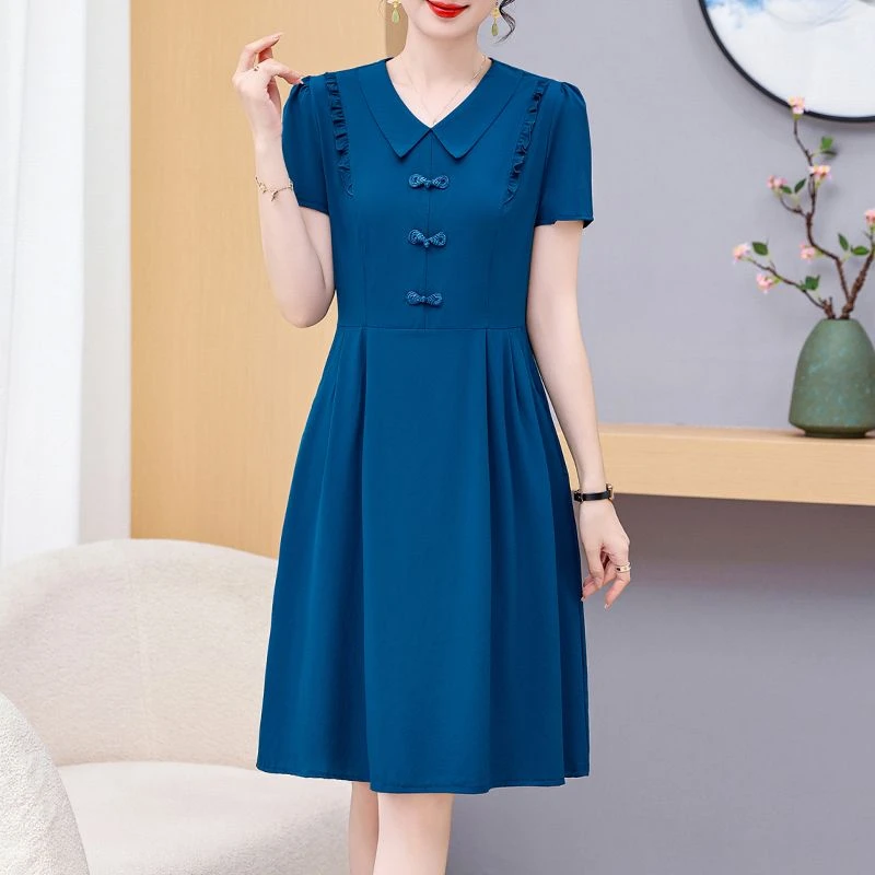 2025中式盘扣国风新款连衣裙纯色夏季短袖时尚中长款显瘦妈妈裙子