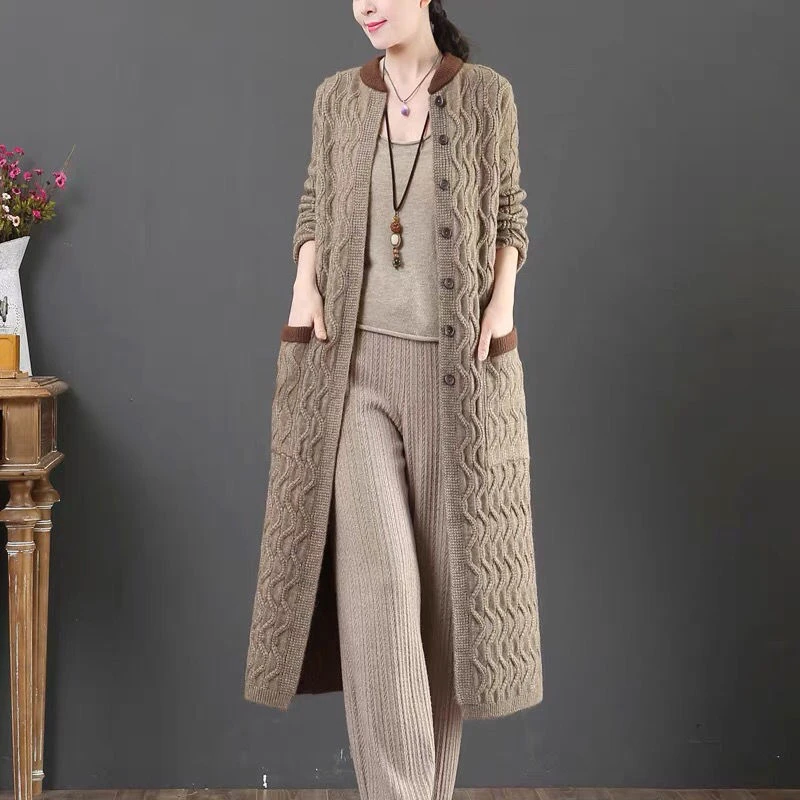 长款加厚毛衣女宽松外套2025秋冬过膝直筒立领单排扣针织文艺开衫