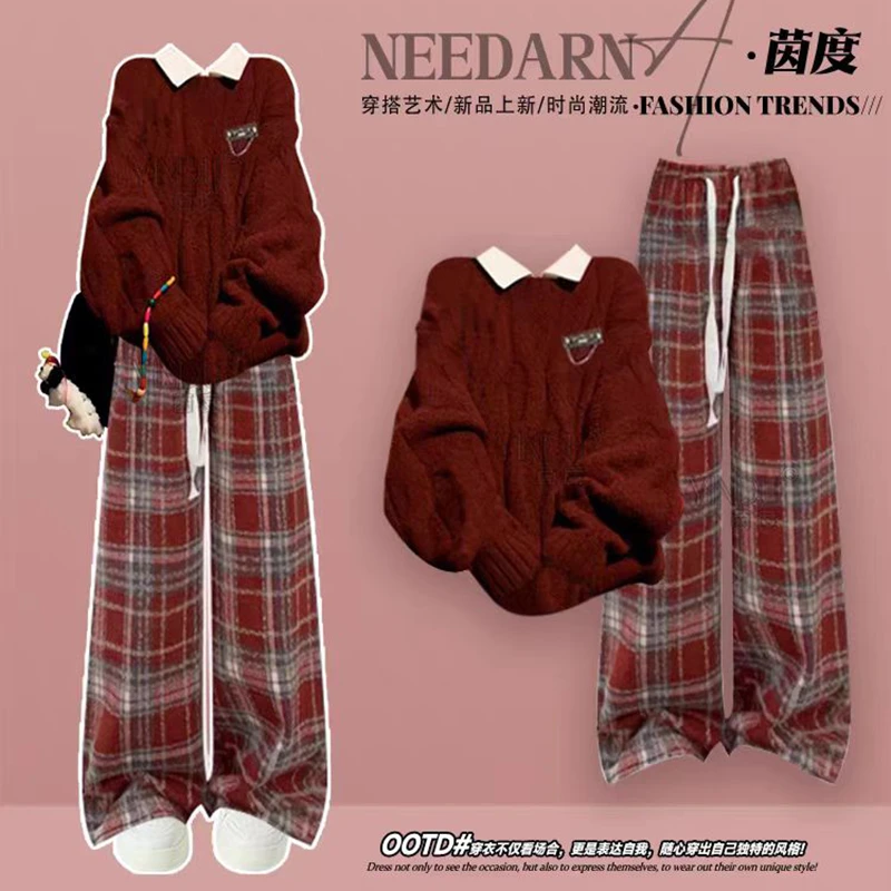 学院风冬季搭配一整套女高级感过年战袍红色针织毛衣格子裤三件套