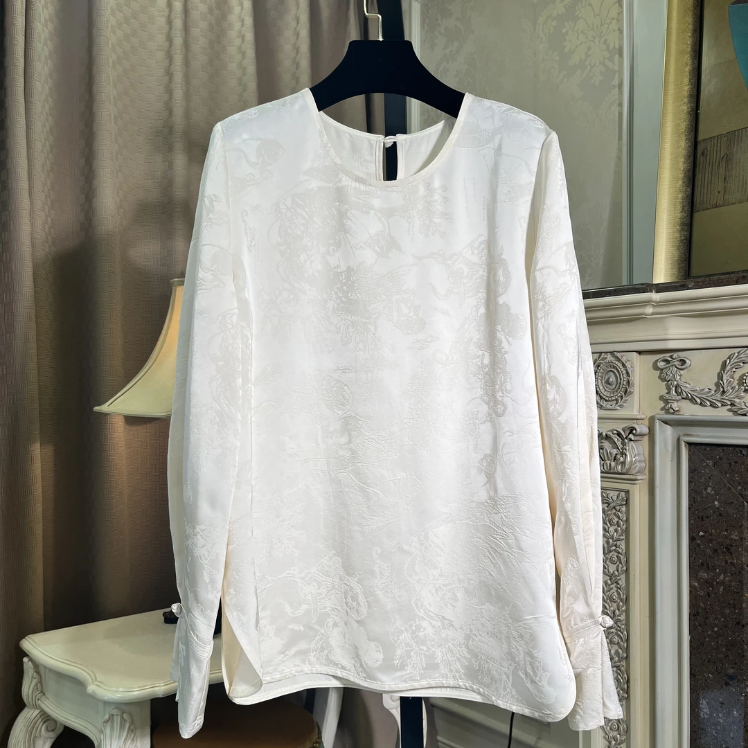 3400-1提花小衫套装阔腿裤长袖网红白色时尚百搭女士国风圆领（15）