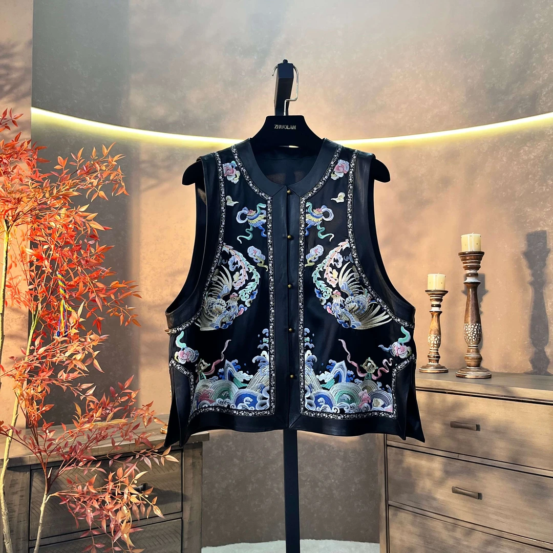2762新中式国风上衣马甲时尚休闲黑色中国风百搭重工刺绣