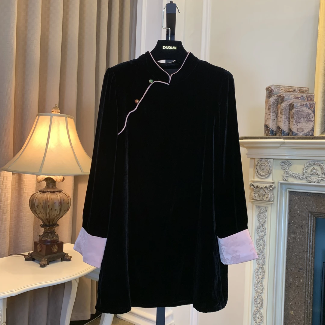 002028高领蚕丝丝绒小衫偏襟盘口挽袖百搭秋冬气质（113）
