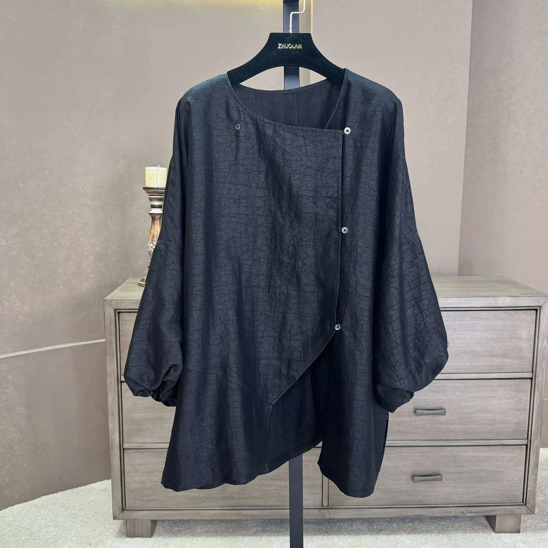 2792新中式国风上衣时尚休闲百搭女士夏季宽松圆领斜襟（140）