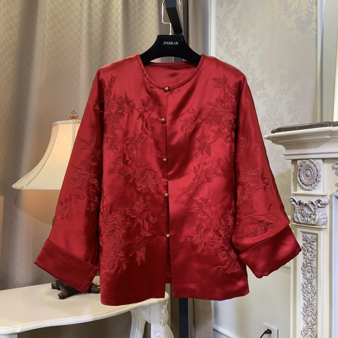 3399醋酸重工刺绣棉服新中式复古重磅红色中国风圆领（82）