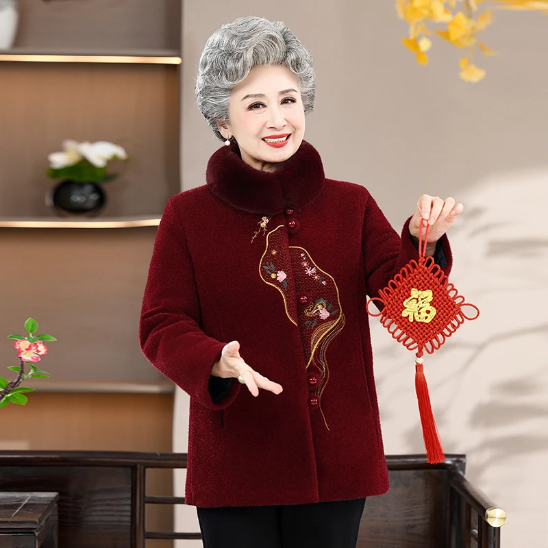 冬季新款仿水貂绒加绒加厚立领中老年棉袄洋气大毛领绣花棉服外套