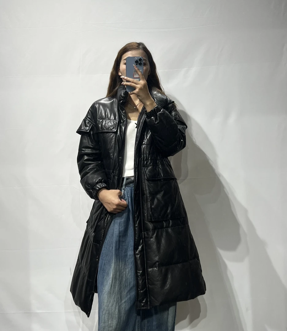 2024网红黑色宽松气质百搭休闲款白鹅绒长款纯色通勤外套-2060