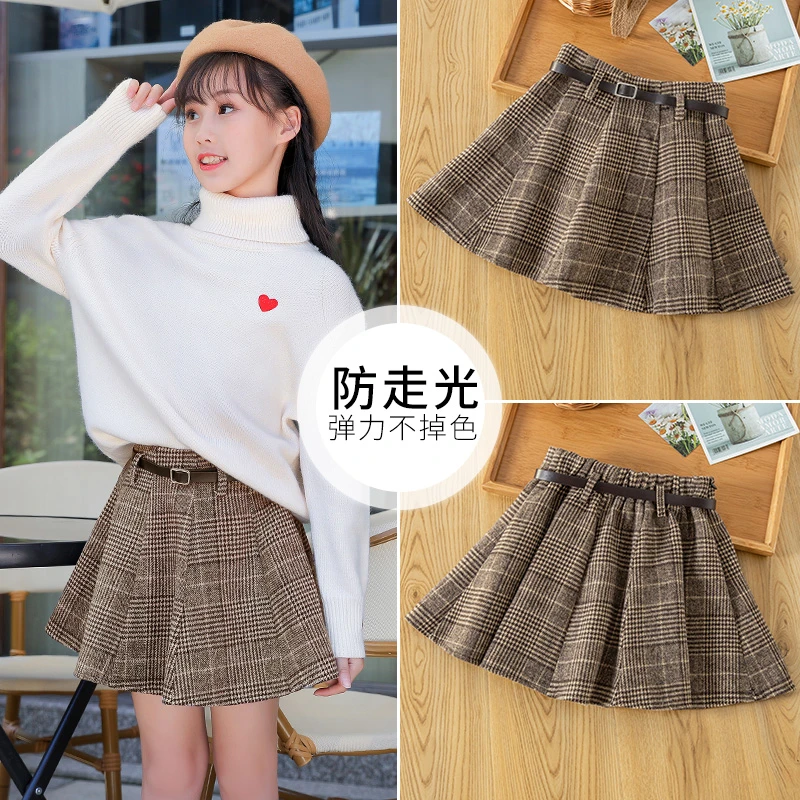 女童毛呢半身裙秋冬季裙子儿童2023新款洋气格子女孩冬装大童短裙