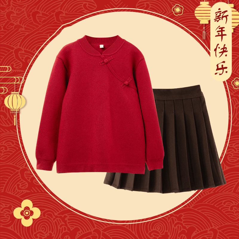 女童新年套装2024新款儿童红色中国风拜年服女孩大童连衣裙子冬装