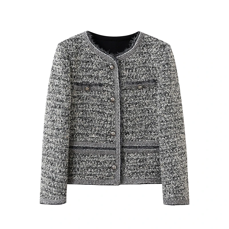 【灰姑娘】法式圆领秋冬新款气质高级感灰粗花呢名媛千金风外套7054