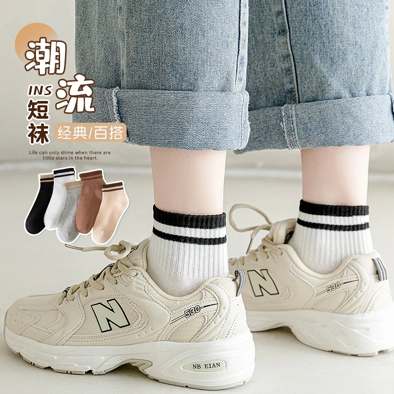 袜子女中短筒ins潮春秋款夏季日系短袜外穿运动袜中筒袜白色棉袜