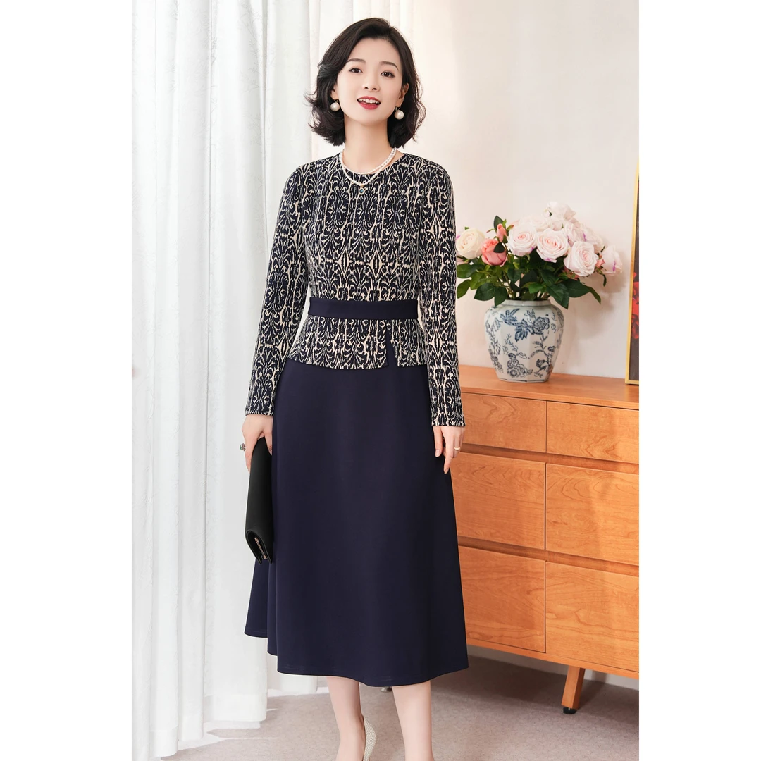 西子/【蔷薇蓝夜】高定提花拼接收腰气质含胸针连衣裙长裙/CQBH535