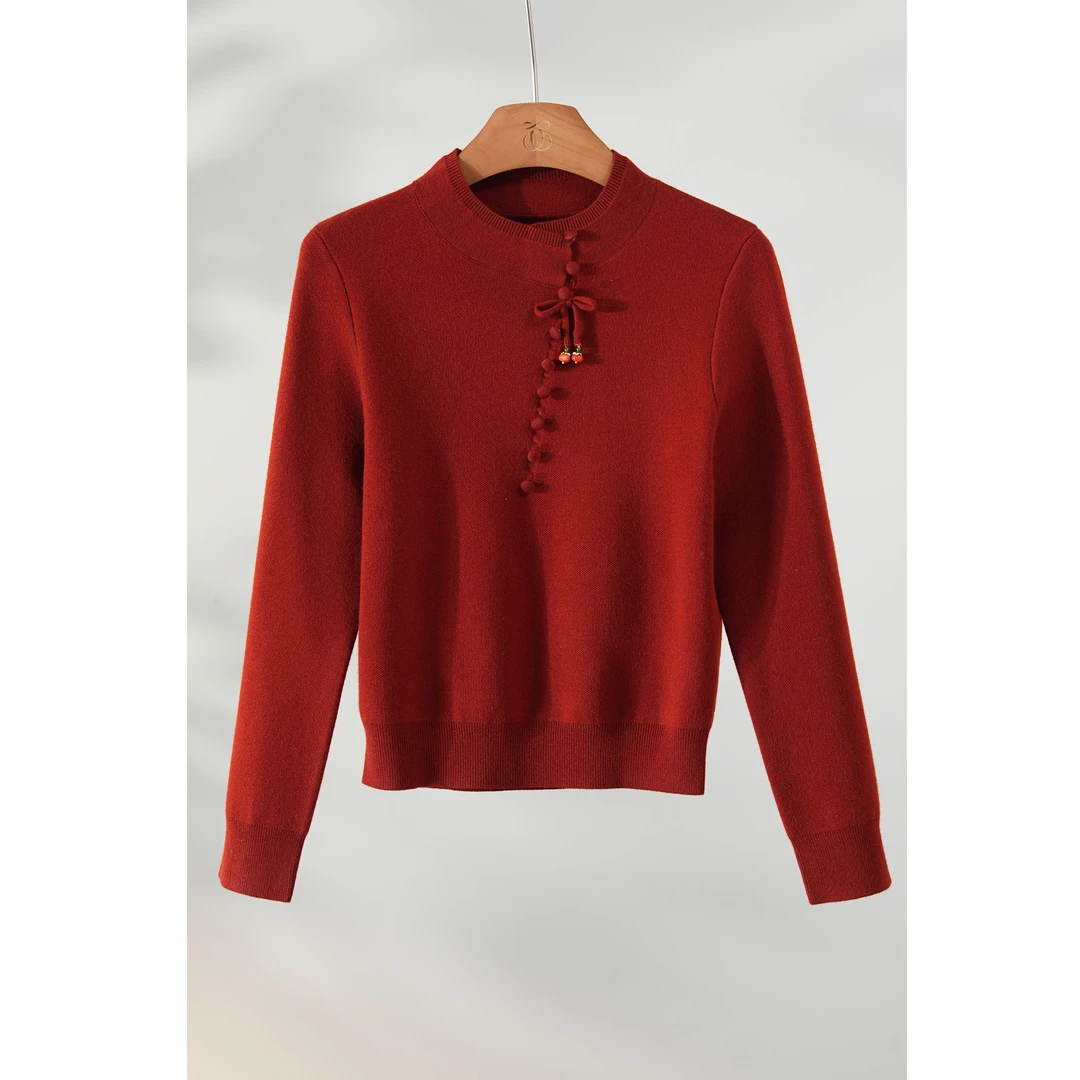 西子/【好柿橙双】精纺羊毛斜襟扣蝴蝶结新中式针织衫上衣/MSBH729