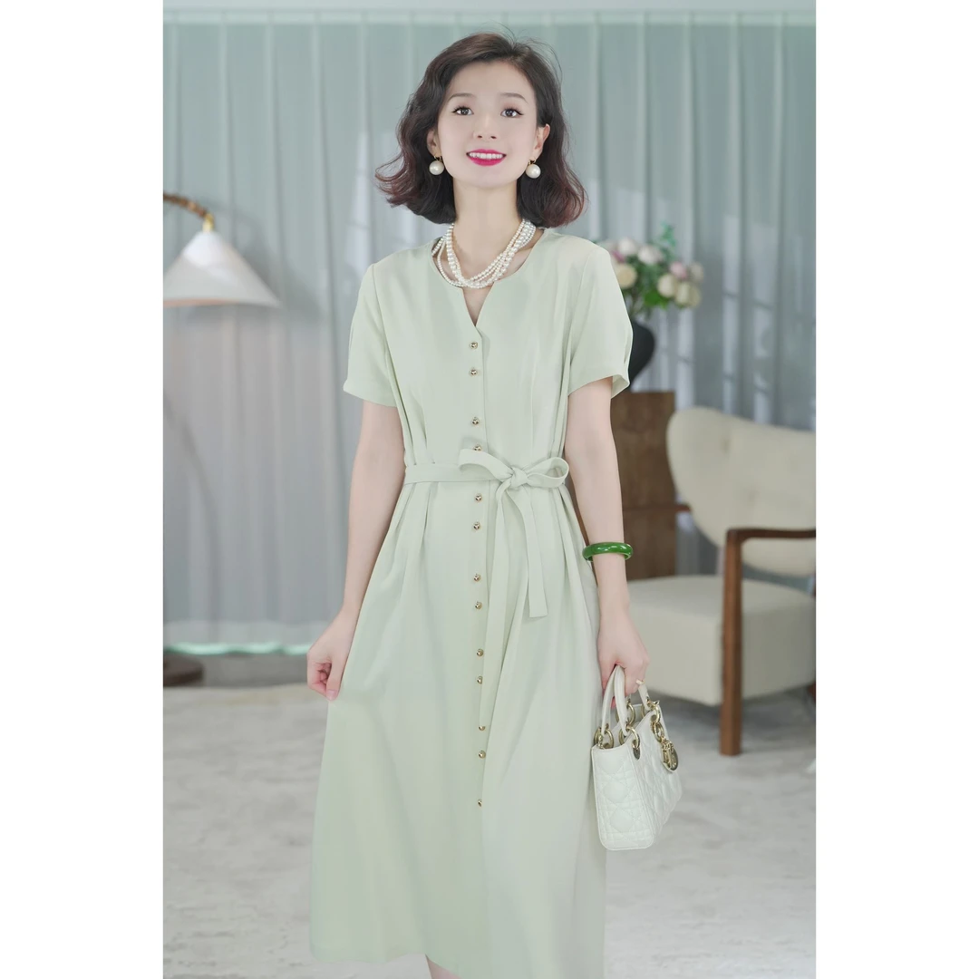 西子/法式简约收腰显瘦系带连衣裙优雅气质单排扣中长裙/CQXP123