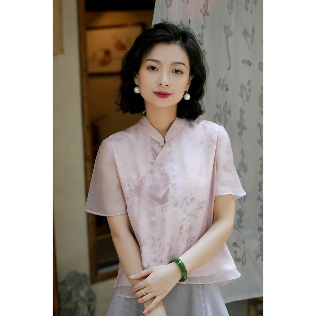 西子/【海棠】新中式立领斜襟网纱国风女士衬衣短袖上衣/SYBH1024