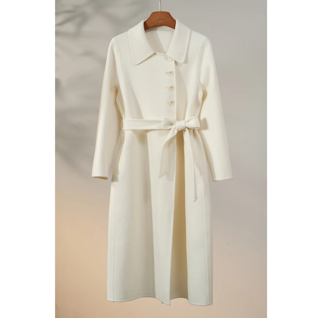 西子/【即兴留白】精纺澳毛绵羊毛双面呢翻领系带长款大衣/WTBH335