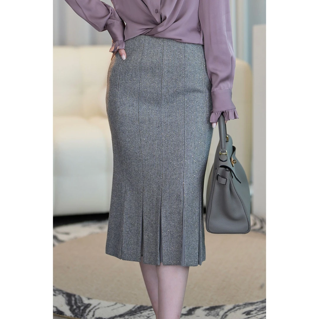 西子/"伯格小姐"肌理感褶皱羊毛包臀裙显高腰半身裙半裙/BQLL033